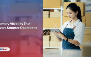Inventory management support team tracking stock levels and warehouse operations through a centralized dashboard