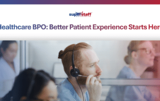 Healthcare professional and patient smiling at a tablet, illustrating quality healthcare BPO Philippines support.