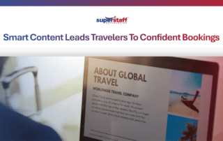 A laptop screen displays an informative travel brochure, illustrating effective travel content management for bookings.