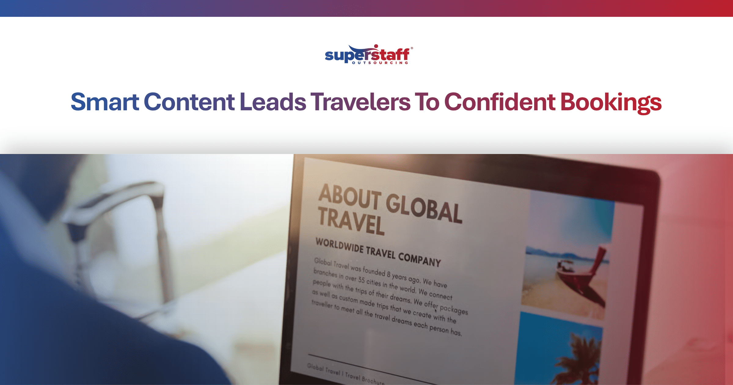 A laptop screen displays an informative travel brochure, illustrating effective travel content management for bookings.