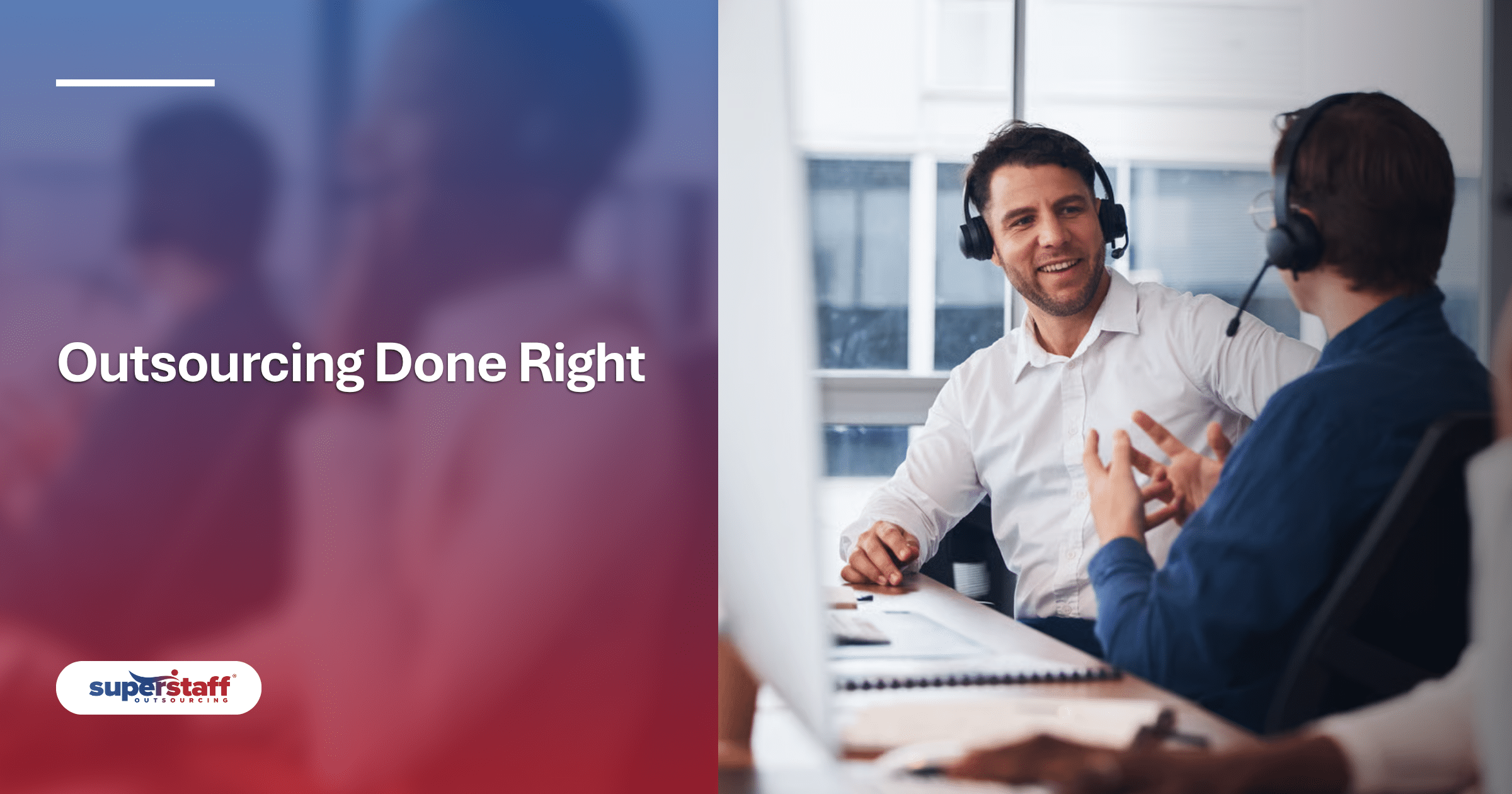 Two professionals collaborating over a laptop, illustrating how to outsource work for business success.