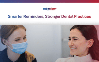 A dental professional in a mask and a smiling patient discuss efficient dental appointment reminders.