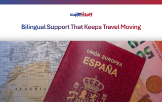 A Spanish passport resting on a world map with Euro coins, highlighting travel customer support outsourcing.