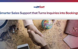 A hand pointing to a growth chart on a screen, representing the revenue impact of travel sales support.