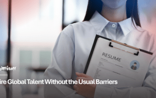 A professional recruiter holding a resume clipboard, representing an employer of record for hiring abroad.