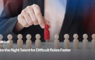 A hand selects a unique red figure from a row, representing recruitment process outsourcing for hard-to-hire roles.