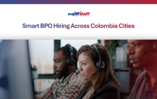 Agents with headsets working at computers, showcasing efficient travel customer support outsourcing in Colombia.